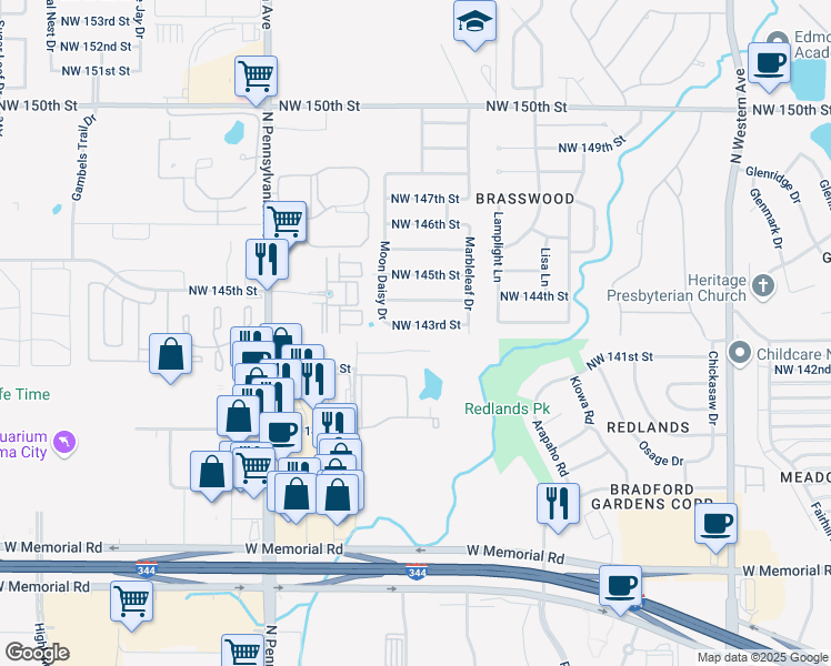 map of restaurants, bars, coffee shops, grocery stores, and more near 1800 Northwest 143rd Street in Edmond