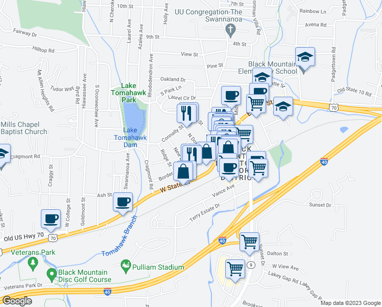 map of restaurants, bars, coffee shops, grocery stores, and more near 102 Orchard Street in Black Mountain