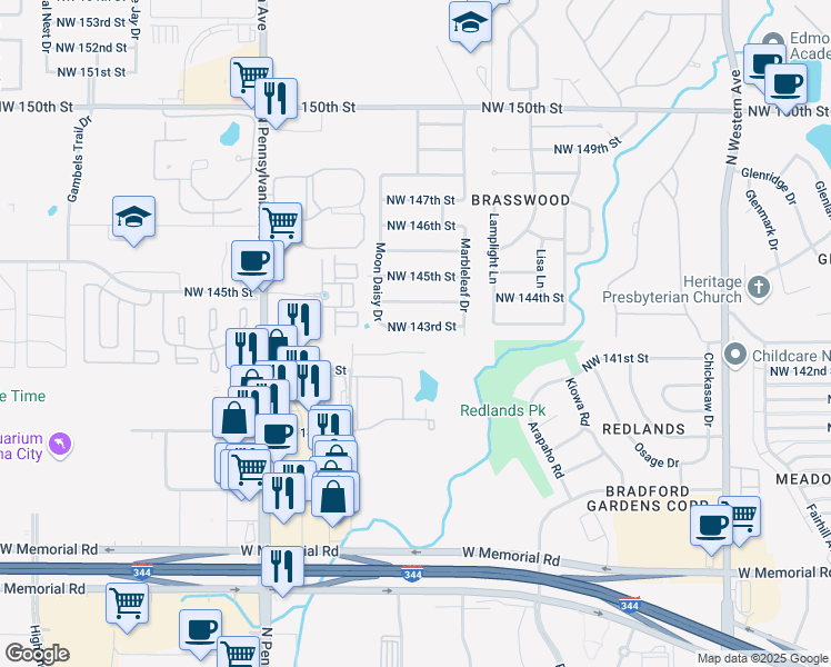 map of restaurants, bars, coffee shops, grocery stores, and more near 1800 Northwest 143rd Street in Edmond