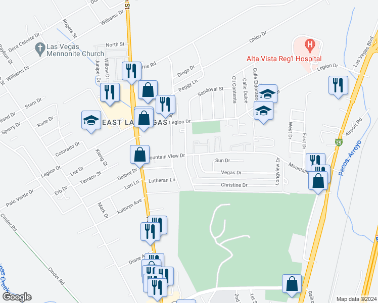 map of restaurants, bars, coffee shops, grocery stores, and more near 528 Mountain View Drive in Las Vegas