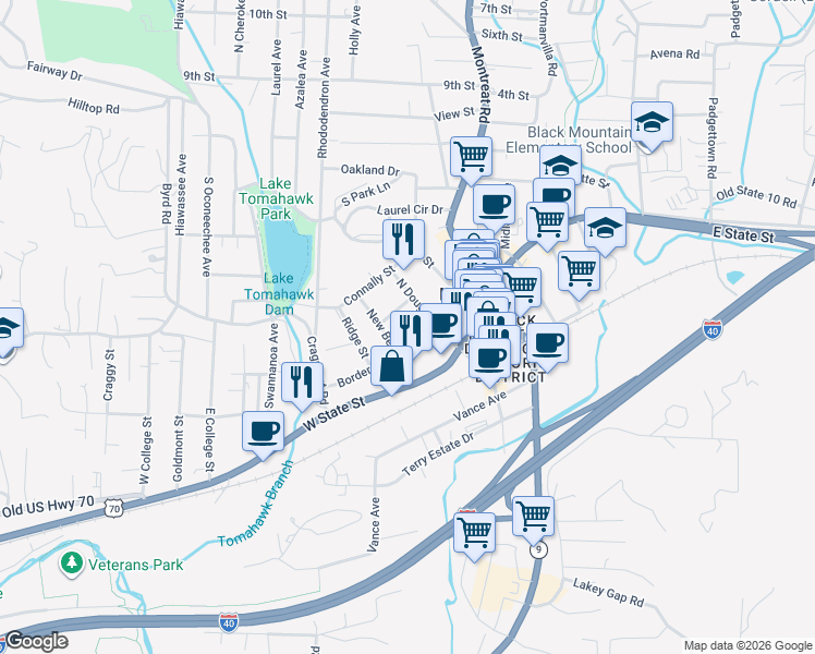 map of restaurants, bars, coffee shops, grocery stores, and more near 102 Orchard Street in Black Mountain