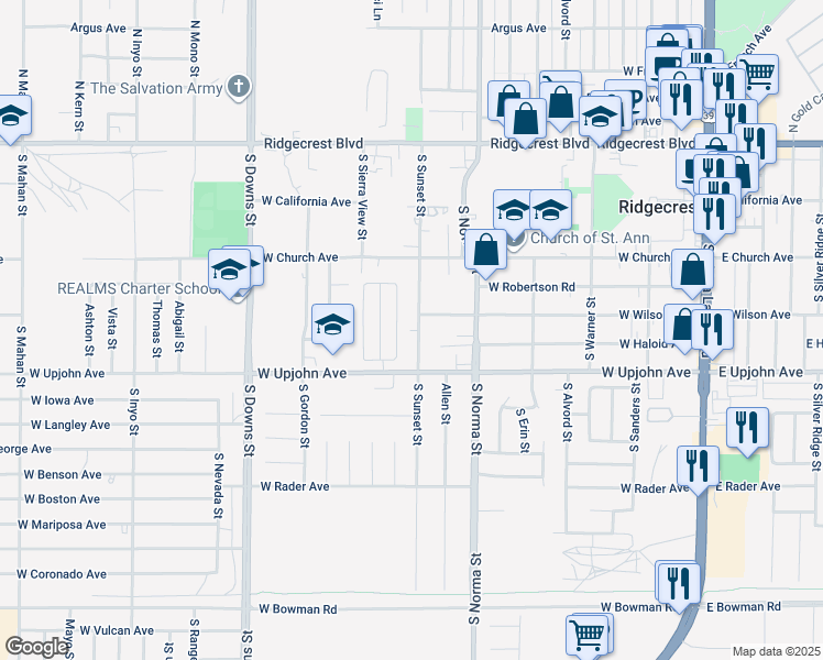 map of restaurants, bars, coffee shops, grocery stores, and more near 420 South Sunset Street in Ridgecrest
