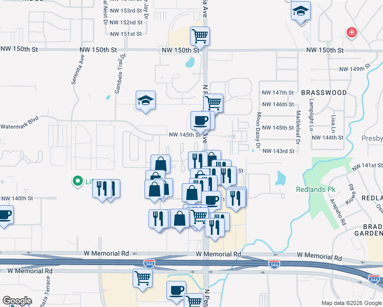 map of restaurants, bars, coffee shops, grocery stores, and more near 14319 North Pennsylvania Avenue in Oklahoma City