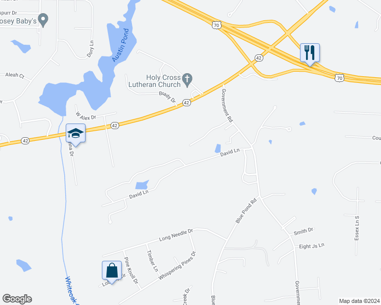 map of restaurants, bars, coffee shops, grocery stores, and more near 383 David Lane in Clayton