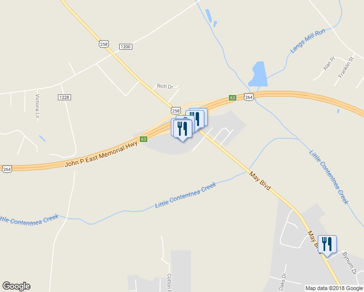 map of restaurants, bars, coffee shops, grocery stores, and more near 3434 Cooperative Way in Farmville