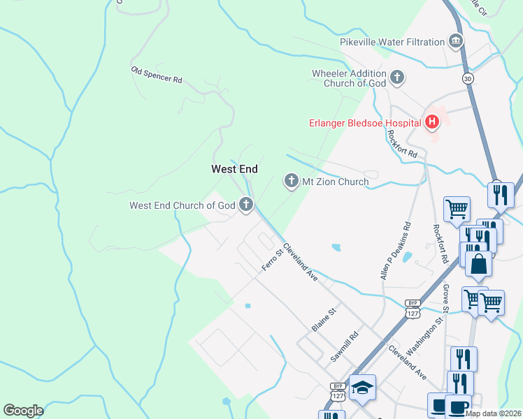 map of restaurants, bars, coffee shops, grocery stores, and more near 128 Old Spencer Road in Pikeville