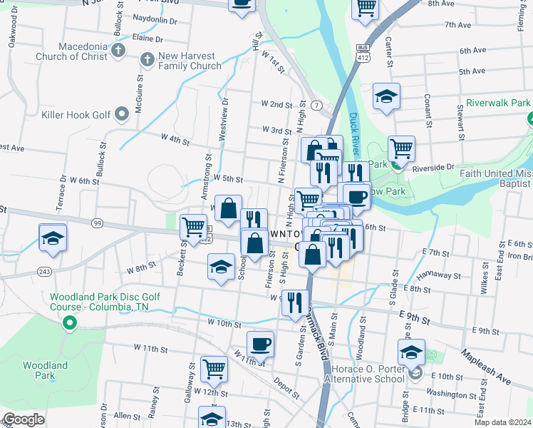 map of restaurants, bars, coffee shops, grocery stores, and more near West 6th Street & Mayes Place in Columbia