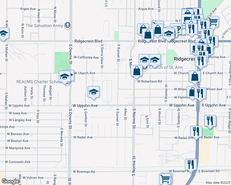 map of restaurants, bars, coffee shops, grocery stores, and more near 413 South Sunset Street in Ridgecrest