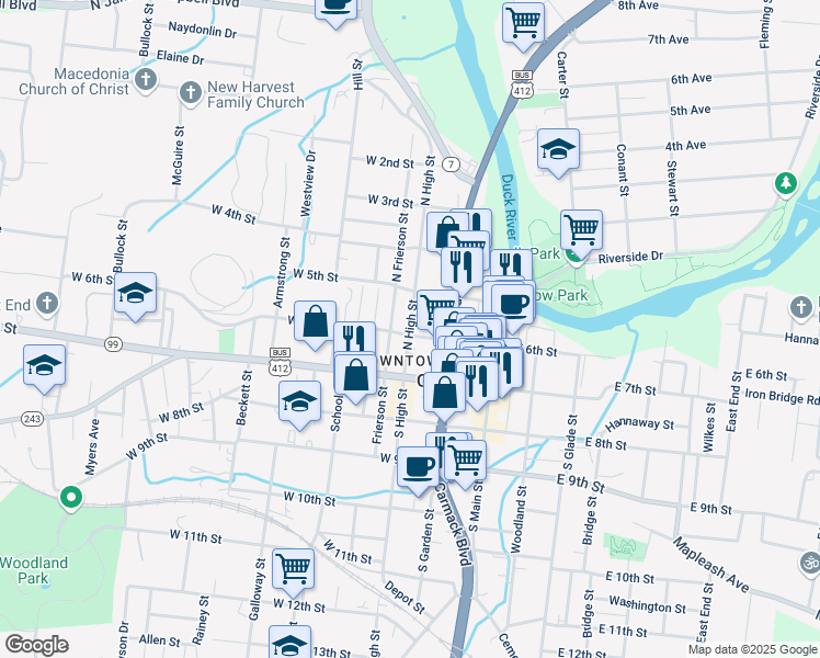 map of restaurants, bars, coffee shops, grocery stores, and more near 703 North High Street in Columbia