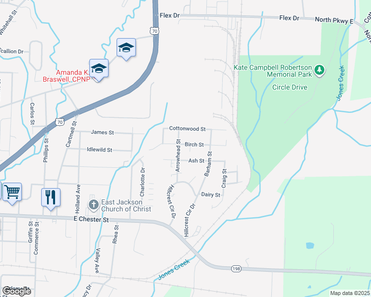 map of restaurants, bars, coffee shops, grocery stores, and more near 201 Ash Street in Jackson