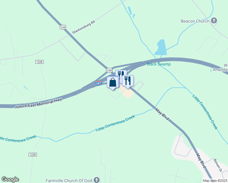 map of restaurants, bars, coffee shops, grocery stores, and more near 3434 Cooperative Way in Farmville