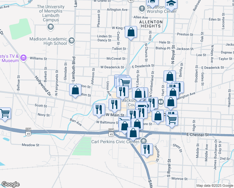 map of restaurants, bars, coffee shops, grocery stores, and more near 100 Farrar Street in Jackson