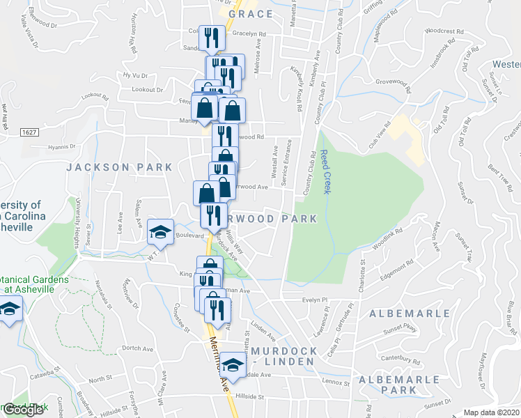 map of restaurants, bars, coffee shops, grocery stores, and more near 84 Woodward Avenue in Asheville
