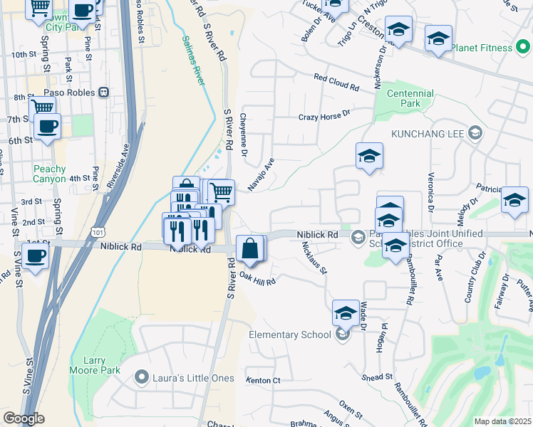 map of restaurants, bars, coffee shops, grocery stores, and more near 205 Quarterhorse Lane in Paso Robles