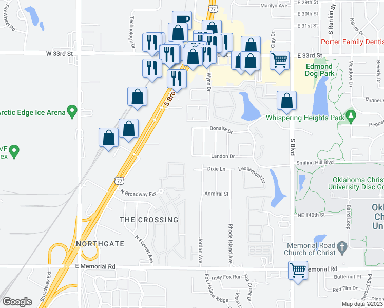 map of restaurants, bars, coffee shops, grocery stores, and more near 3912 Normandy Road in Edmond