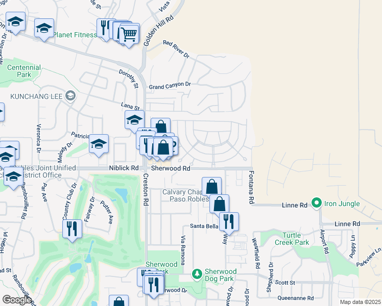 map of restaurants, bars, coffee shops, grocery stores, and more near 321 Lark Drive in Paso Robles
