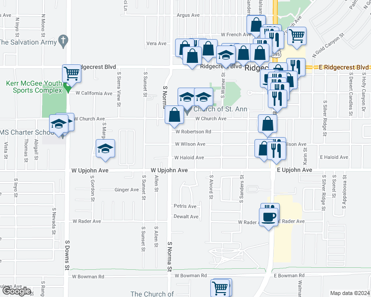 map of restaurants, bars, coffee shops, grocery stores, and more near 419 West Wilson Avenue in Ridgecrest