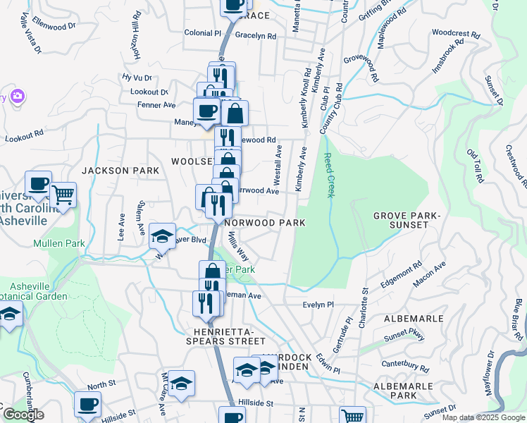 map of restaurants, bars, coffee shops, grocery stores, and more near 84 Woodward Avenue in Asheville