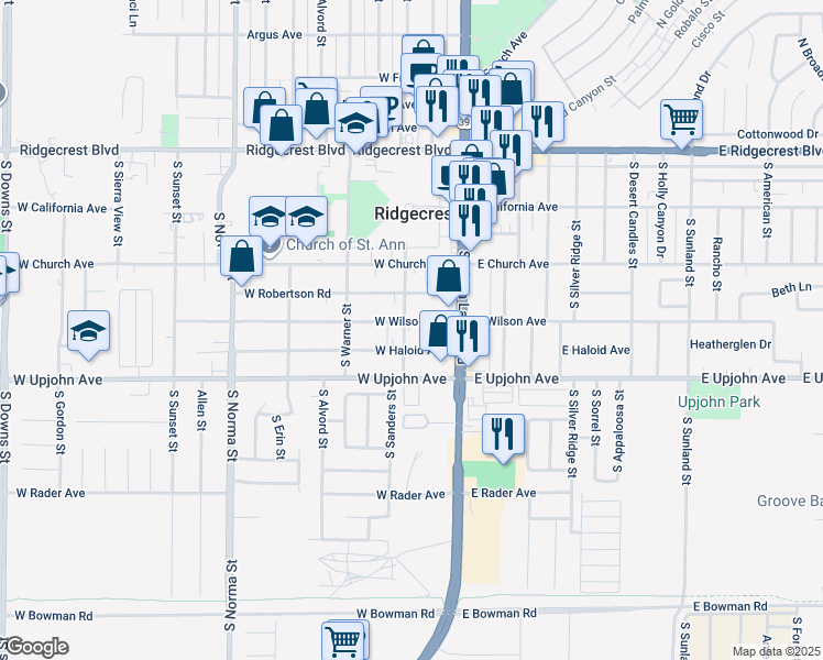 map of restaurants, bars, coffee shops, grocery stores, and more near 140 West Wilson Avenue in Ridgecrest