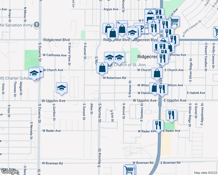 map of restaurants, bars, coffee shops, grocery stores, and more near 424 West Wilson Avenue in Ridgecrest