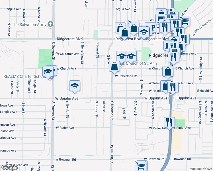 map of restaurants, bars, coffee shops, grocery stores, and more near 361 South Norma Street in Ridgecrest