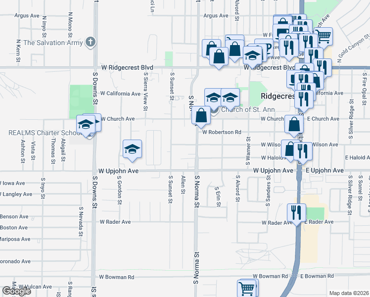 map of restaurants, bars, coffee shops, grocery stores, and more near 361 South Norma Street in Ridgecrest