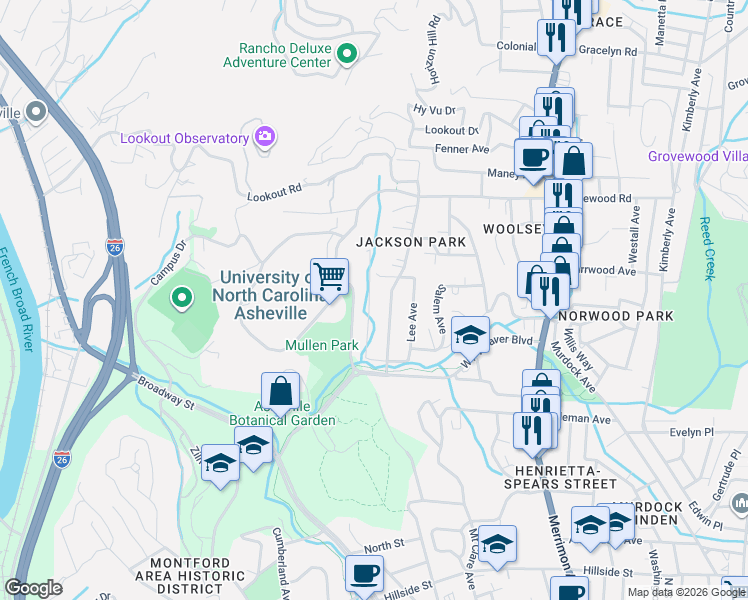 map of restaurants, bars, coffee shops, grocery stores, and more near 96 Barnard Avenue in Asheville