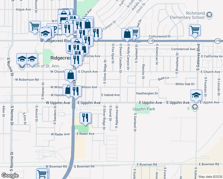 map of restaurants, bars, coffee shops, grocery stores, and more near 324 East Wilson Avenue in Ridgecrest