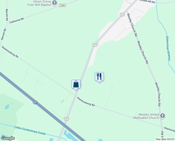 map of restaurants, bars, coffee shops, grocery stores, and more near 3031 North Carolina 121 in Farmville