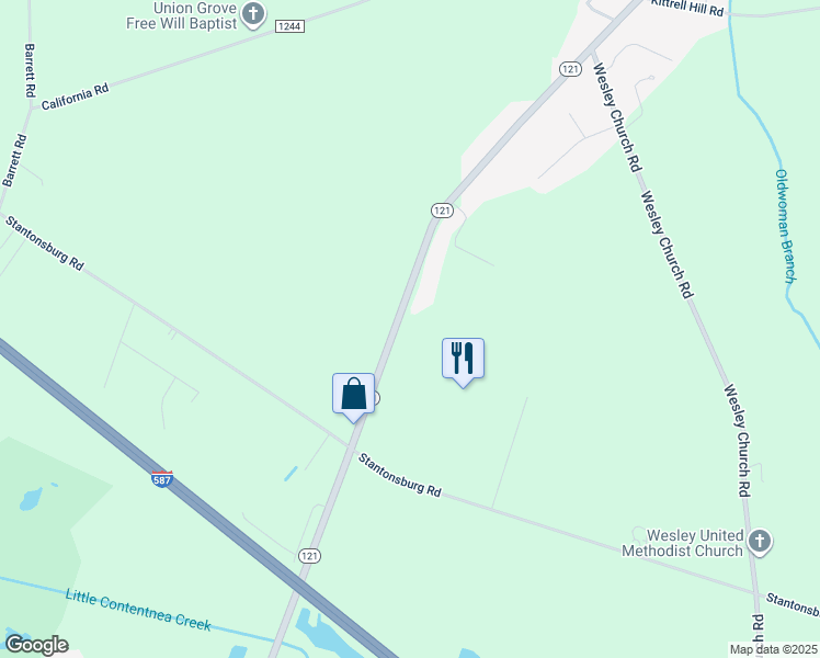 map of restaurants, bars, coffee shops, grocery stores, and more near 3031 North Carolina 121 in Farmville