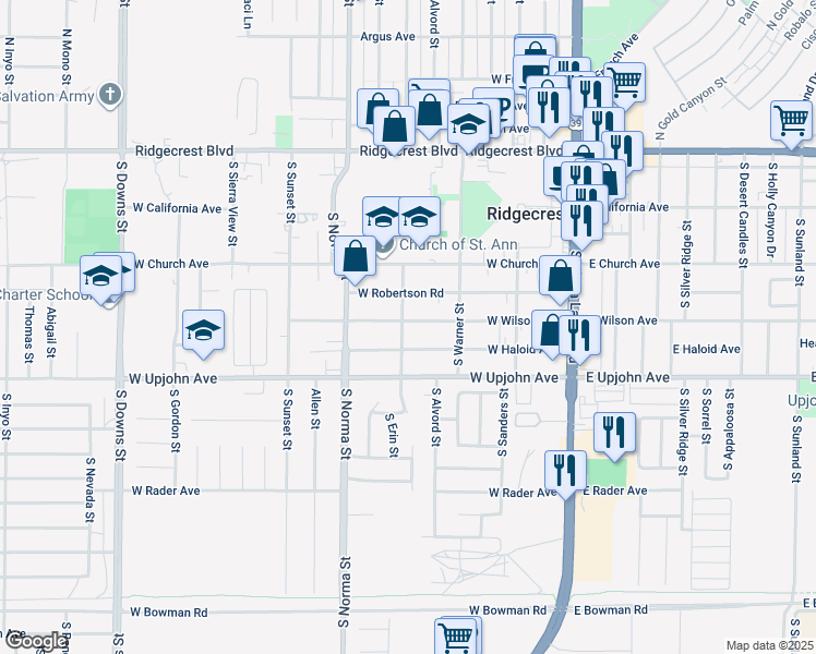 map of restaurants, bars, coffee shops, grocery stores, and more near 345 West Wilson Avenue in Ridgecrest