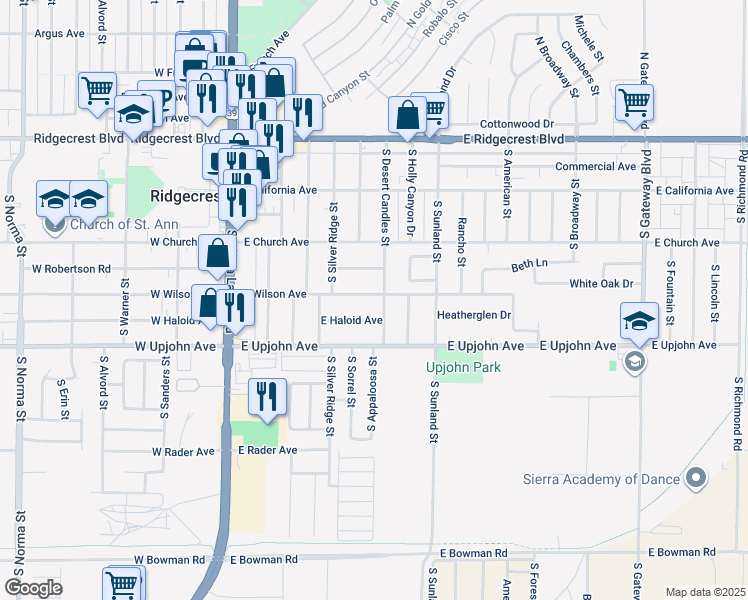map of restaurants, bars, coffee shops, grocery stores, and more near 341 East Wilson Avenue in Ridgecrest