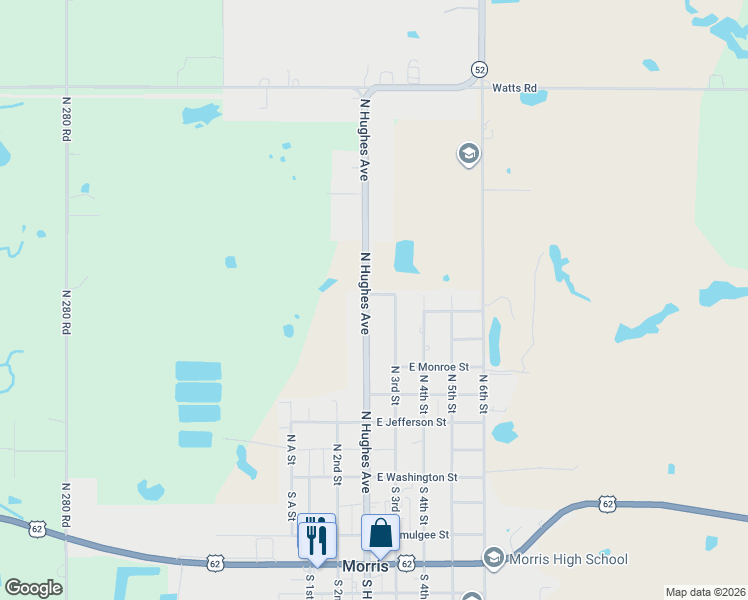 map of restaurants, bars, coffee shops, grocery stores, and more near 811 North Hughes Avenue in Morris