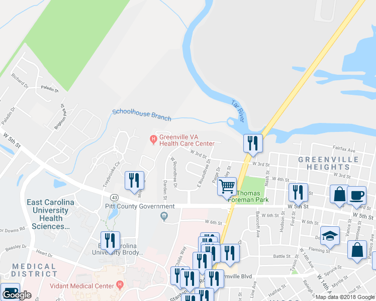 map of restaurants, bars, coffee shops, grocery stores, and more near 2107 West 3rd Street in Greenville
