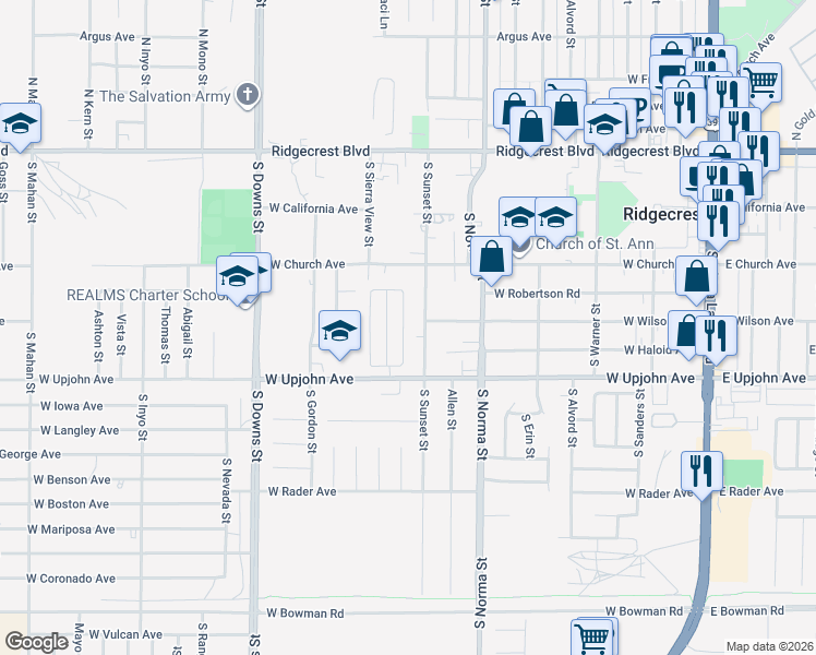 map of restaurants, bars, coffee shops, grocery stores, and more near 620 West Upjohn Avenue in Ridgecrest