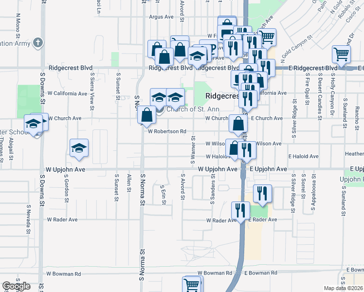 map of restaurants, bars, coffee shops, grocery stores, and more near 308 West Wilson Avenue in Ridgecrest