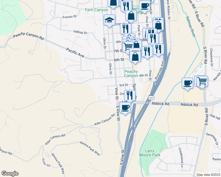 map of restaurants, bars, coffee shops, grocery stores, and more near 328 4th Street in Paso Robles