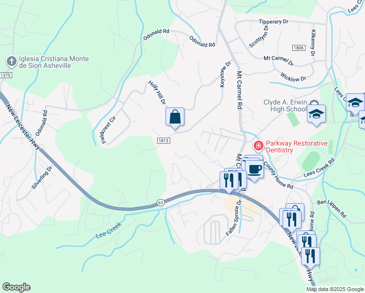 map of restaurants, bars, coffee shops, grocery stores, and more near 184 Keystone Drive in Asheville