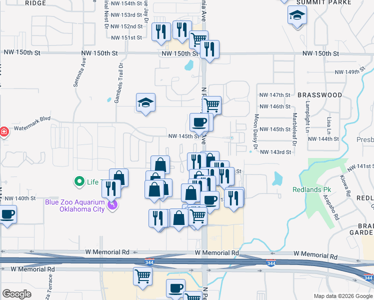 map of restaurants, bars, coffee shops, grocery stores, and more near 14417 North Pennsylvania Avenue in Oklahoma City