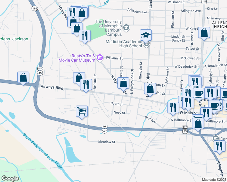 map of restaurants, bars, coffee shops, grocery stores, and more near 151 Hollywood Drive in Jackson