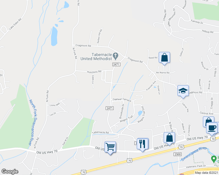 map of restaurants, bars, coffee shops, grocery stores, and more near 319 Tabernacle Road in Black Mountain