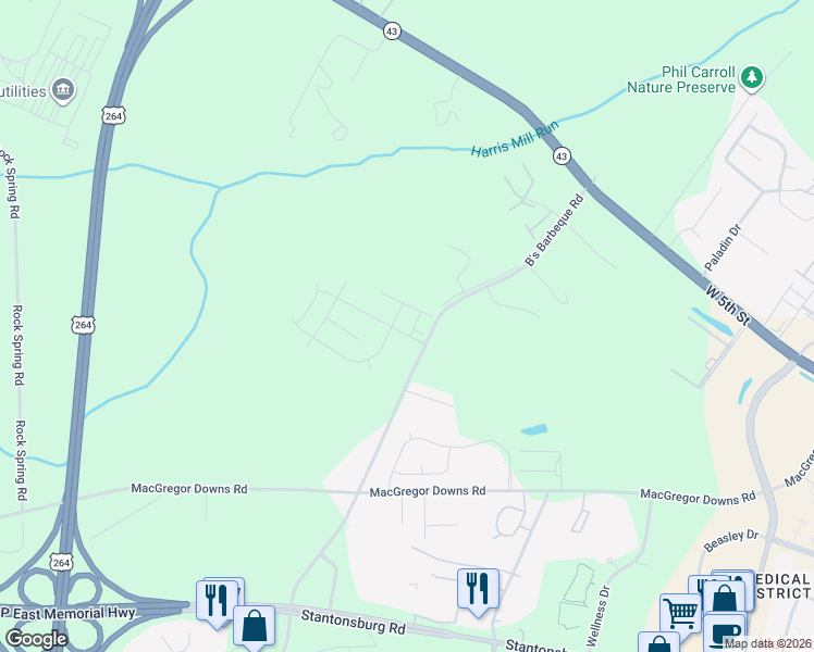 map of restaurants, bars, coffee shops, grocery stores, and more near 1130 Bs Barbecue Road in Greenville