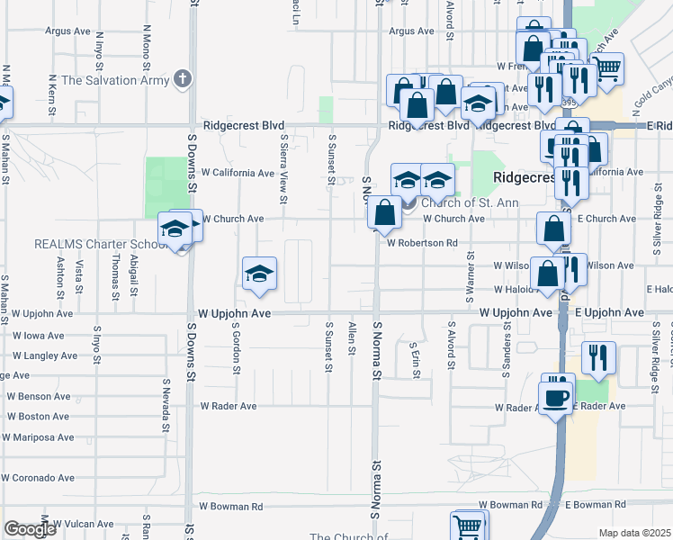 map of restaurants, bars, coffee shops, grocery stores, and more near 404 South Sunset Street in Ridgecrest