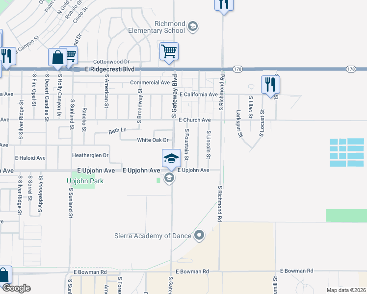 map of restaurants, bars, coffee shops, grocery stores, and more near 332 South Fountain Street in Ridgecrest
