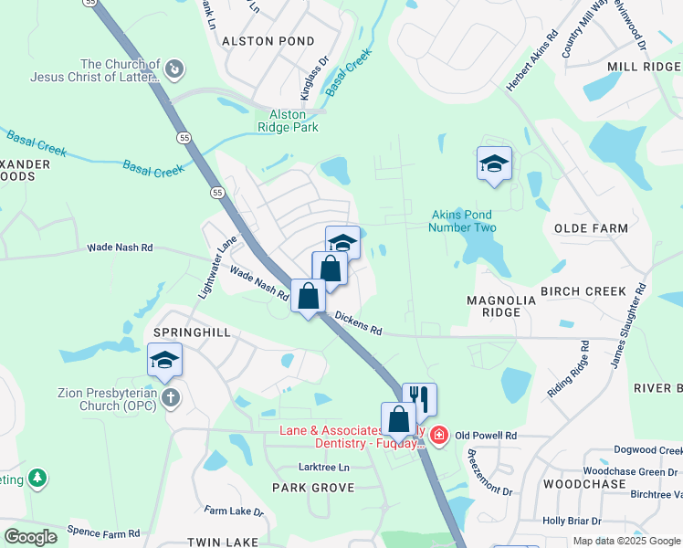 map of restaurants, bars, coffee shops, grocery stores, and more near 2275 North Grassland Drive in Fuquay-Varina