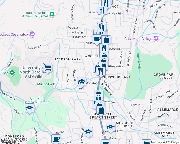 map of restaurants, bars, coffee shops, grocery stores, and more near 99999 Chatham Road in Asheville