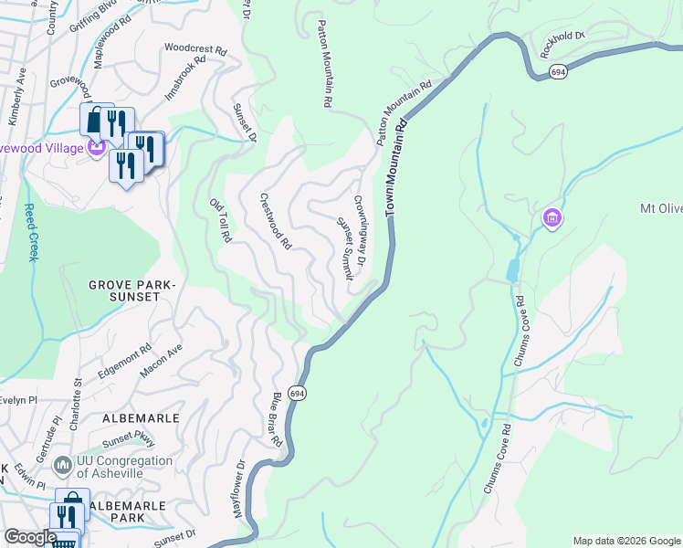 map of restaurants, bars, coffee shops, grocery stores, and more near 6 Crowningway Drive in Asheville