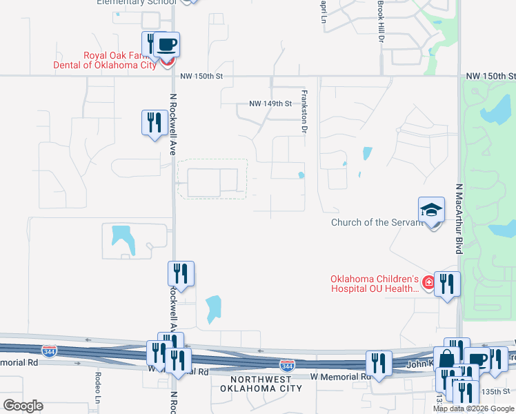 map of restaurants, bars, coffee shops, grocery stores, and more near 13944-15098 North Rockwell Avenue in Oklahoma City