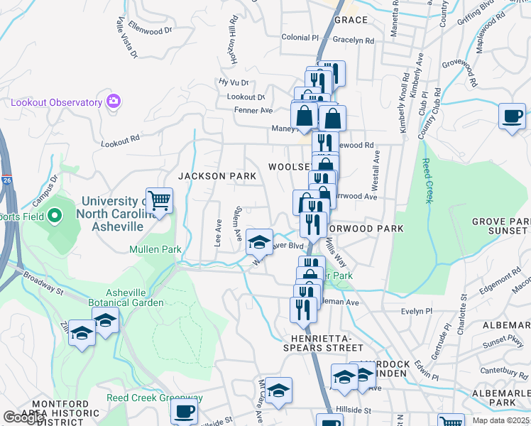 map of restaurants, bars, coffee shops, grocery stores, and more near 158 Chatham Road in Asheville