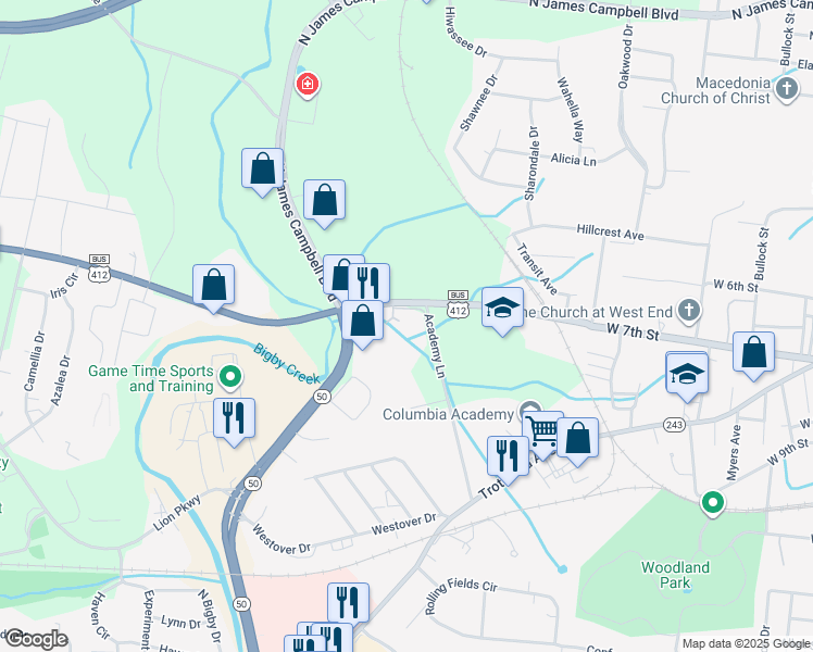 map of restaurants, bars, coffee shops, grocery stores, and more near 412 West 7th Street in Columbia